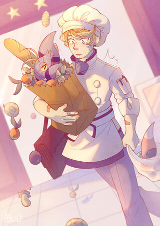 A digital illustration of a young Siebold from Pokemon XY. He is walking in front of a restaurant, carrying bags of ingredients. Out of the paper bag he's hugging to his a chest, a Clauncher is emerging and scattering berries everywhere.