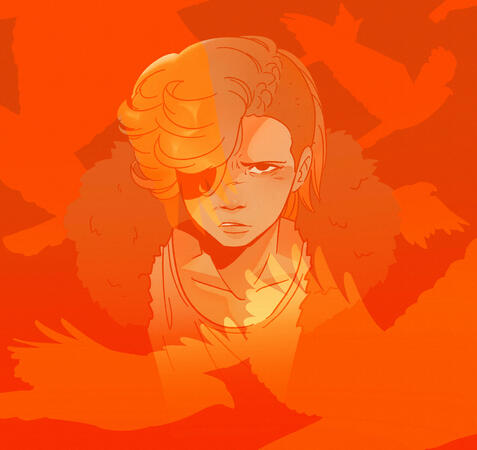 A digital bust drawing of Ankh from Kamen Rider OOO. He is looking straight ahead and scowling, half of his face obscured by his hair. All around him, silhouettes of birds are flying. The drawing is done in reds and oranges.