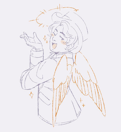 A digital sketch of Takao Noël from Lupinranger VS Patranger. He is seen from behind, turning his head back and winking. He has a halo and wings, done in gold lines, while the rest of his lines are a dark grey.