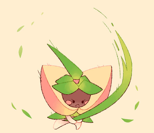 A digital drawing of Momoronin, a peach and Momotaro-themed fakemon. It is wielding a grass blade and striking down.