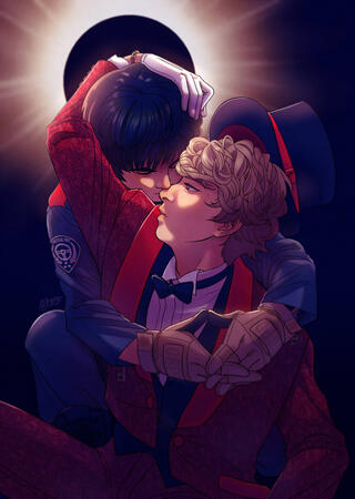 A digital illustration of Yano Kairi and Asaka Keiichiro. Kairi is laying in front of Keiichiro, whose arms are wrapped around him. Their faces are pressed together and Kairi holds an arms up and around the back of Keiichiro's head.