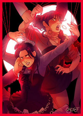 A digital illustration of the Sonozaki Sisters from Kamen Rider W in red tones in a tangled web of marionette strings and hands coming in from off-screen restraining them as they glare at each other.