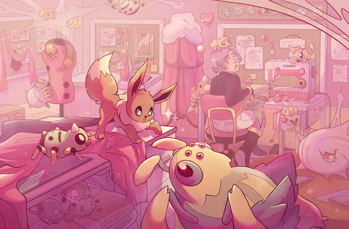 A digital illustration of a cluttered sewing room in pink hues with various bug-type pokemon and an Eevee. In the foreground, the Eevee looks at a Galvantula with sparkling eyes. In the background, the only human character turns back in his seat to look at