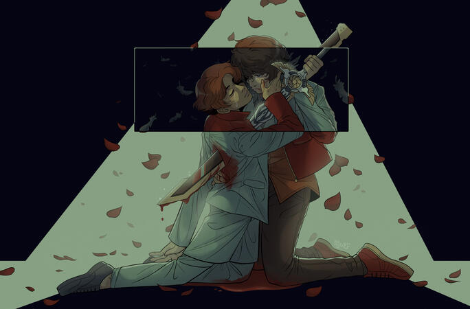 A digital illustration of Momoi Tarou and Sonoi from Donbrothers. Inside a highlighted section, focusing on their faces. Sonoi's sword is pierced through Momoi's chest and blue feathers fall around them. Outside of this section, their roles are reversed.