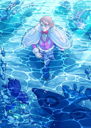 A digital illustration of Eusine from Pokemon Crystal and Heartgold/Soulsilver. He is waist-deep in a body of water, walking forward and looking determined. Surrounding him are a variety of water-type pokemon. The illustration is done in blue tones.