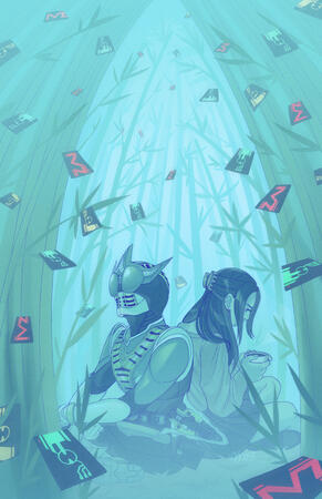 A digital illustration of Zeronos Altair form and Nogami Airi, seated back-to-back in a bamboo forest. Airi is looking down at a coffee cup in her hands while Zeronos looks up towards the transformation cards, scattered among the bamboo like tanzaku.