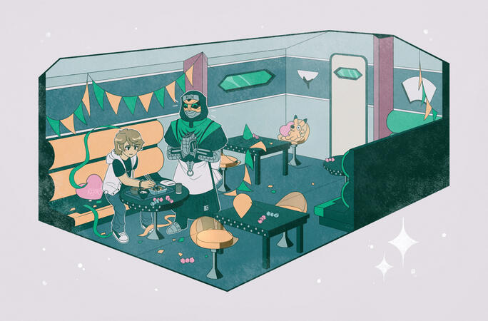 A digital illustration of the dining car of the Zeroliner from Kamen Rider Den-O, seen as a cross-section. Inside it Yuuto is seated and eating while Deneb smiles happily beside him. The room is set up for a party.