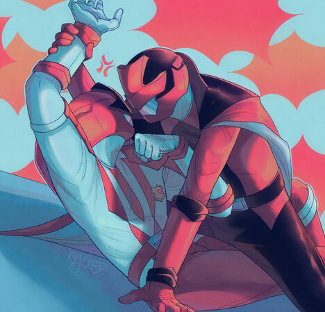 A digital illustration of Lupin Red and Patren 1gou from Lupinranger VS Patranger. Lupin red is pinning Patren 1gou to the ground, straddling him and restraining one of his arms. Their helmets are close as they stare at each other in anger.