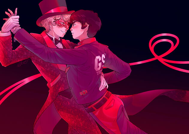 Yano Kairi, in his Lupin Red disguise, leads Asaka Keiichiro in a dance. The illustration is done in saturated reds. Behind them, two red ribbons converge and loop around each other.