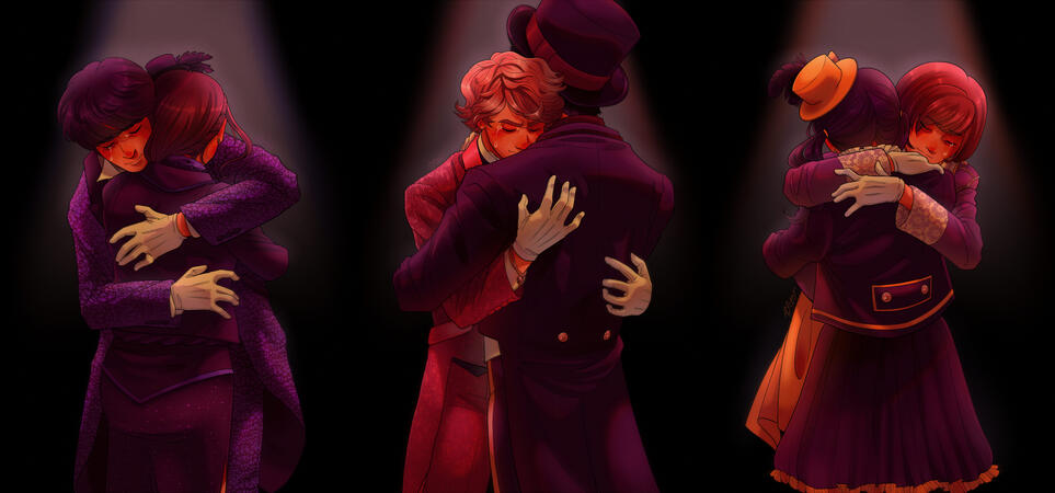 A digital illustration of the Lupinrangers hugging their loved ones and crying against a black background, each highlighted by a spotlight about. In order they are Touma and Aya, Kairi and Shouri, and Umika and Shiho. All characters are wearing their thief