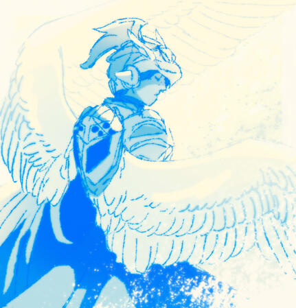 A digital sketch of Kagami Hiiro from Kamen Rider Ex-Aid. He is wearing knight armor, inspired by the Taddle Legacy suit, with a large set of angel wings. He is looking down solemnly. His figure is coloured in blue tones on a pale yellow background.