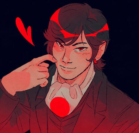 A digital bust sketch of Sudo Kirihiko from Kamen Rider W. He has one hand raised to his cheek and he is looking at the viewer and smiling. A bright red head is at the side of his head against a solid black background. He is underlit by red lighting.