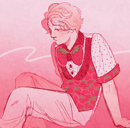 A digital sketch of Yano Kairi from Lupinranger VS Patranger, coloured in reds and pinks. He is sitting and looking down sadly. He is wearing a strawberry-patterned vest and a strawberry-themed bowtie.