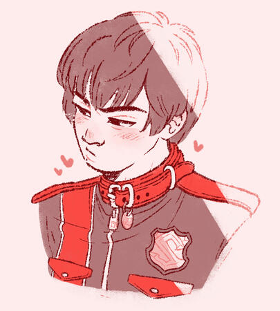 A digital bust sketch of Asaka Keiichiro. He is looking down, pouting and blushing, and wearing his uniform jacket. In place of the collar of the jacket is a red leather collar.