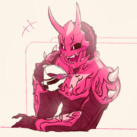 A digital sketch of Momotaros from Kamen Rider Den-O. He is seated at a booth and holding a cup of coffee, carelessly tilting it as it starts to spills while he laughs at something off-screen.