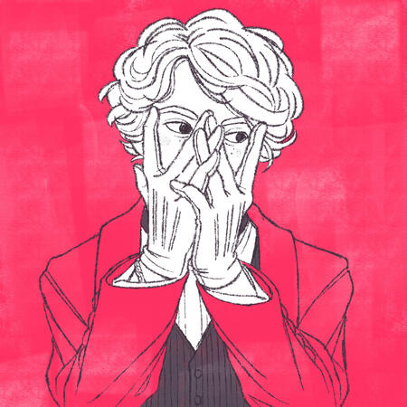 A digital bust sketch of Yano Kairi. He is covering his face with his hands. His eyes are peaking through and he is glancing to the side with a neutral expression. It is coloured in white, red, and black, with the solid red background blending into his sui