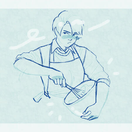 A digital sketch of Kagami Hiiro from Kamen Rider Ex-Aid. He is wearing an apron and holding a bowl to his chest, whisking something inside it. He is glancing to the side and frowning. The drawing is dark blue lines on a pale blue background.