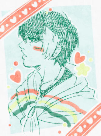 A digital bust profile sketch of Hanaya Taiga from Kamen Rider Ex-Aid. He is facing left and sneering. His lines are dark green on a pale green background. The image is decorated with fake heart and star stickers and a heart-themed washi tape.