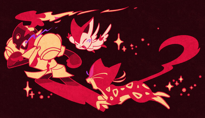 A clean, simple digital drawing of three shiny pokemon: Armarouge, Victini, and Liepard. Armarouge and Liepard are running together, with Victini flying between them. The palette is bright red, yellow, white, and blue, over a red-black background. A trail