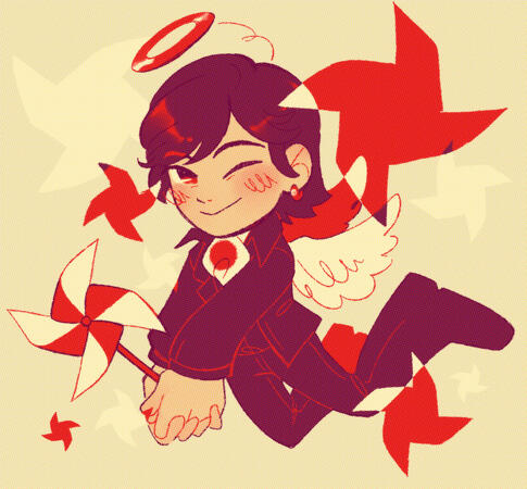 A digital sketch of Sudo Kirihiko from Kamen Rider W in a simplified style. He is glancing to the side and winking, legs floating behind him and holding a red-and-yellow pinwheel in his hands. He has angel wings and is wearing a halo on a spring headband.