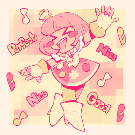 A digital sketch of Poppy Pipopapo from Kamen Rider Ex-Aid coloured in soft pinks. She is smiling while she dances.