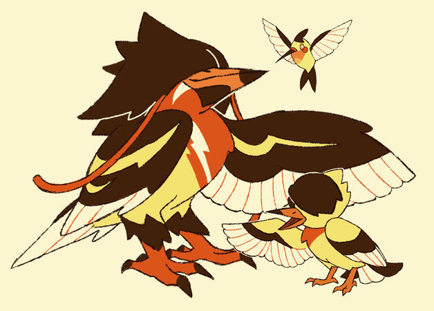 A digital sketch of a three-stage electric-type bird line of fakemon.