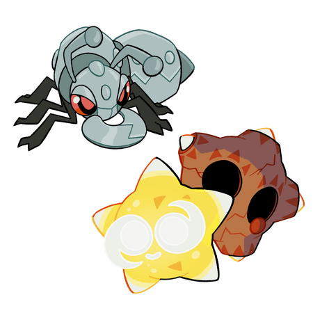Clean digital assets of a Durant from Pokemon Black and White, and a yellow core Minior, backed by a Meteor Form, from Pokemon Sun and Moon.