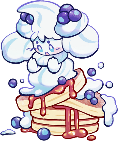 A clean digital drawing of a blueberry sweet salted cream Alcremie from Pokemon Sword and Shield. It is slipping of a stack of syrupy pancakes.