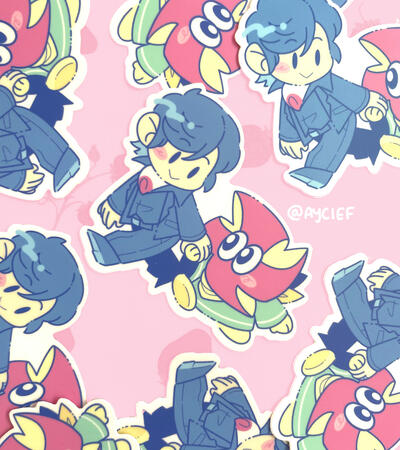 An array of stickers on a pink background with a faint strawberry pattern. The stickers are a simple style Kirihiko holding hands with Fuuto-kun and walking.