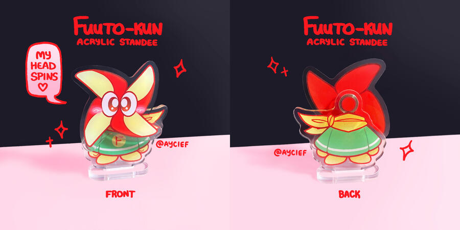 Two photos of a Fuuto-kun acrylic standee. The first shows him from the front with a word bubble saying "My head spins (heart)" while the second shows him from behind.