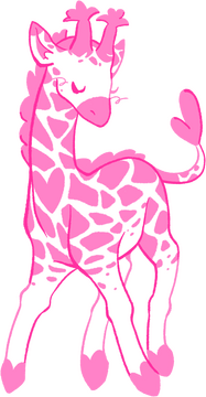 A drawing of a white giraffe with pink spots. a large spot in the middle of its chest is a heart, and its hooves and the tuft of fur on the end of its tail are also hearts.